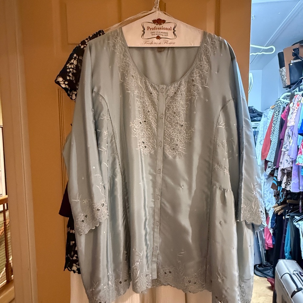 Light Blue Embroidered Blouse from San Antonio boutique shop.